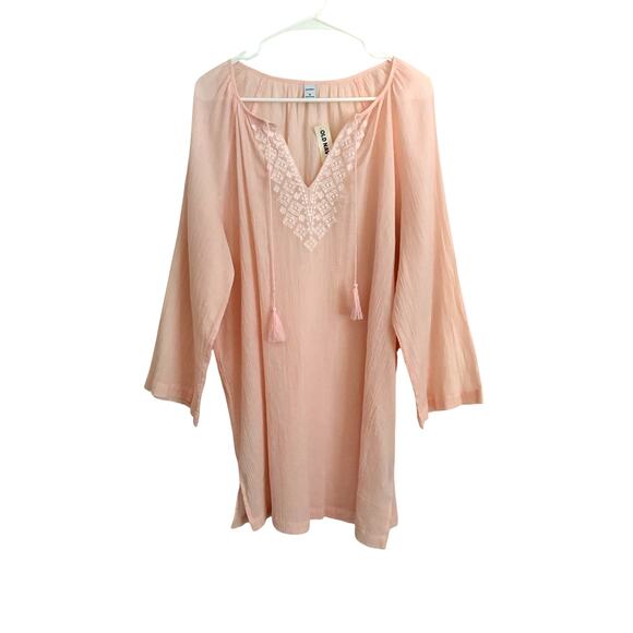Old Navy Dresses & Skirts - NWT Old Navy Pink Gauze Embroidered Tunic Dress Tassel Long Sleeve XL Boho Chic